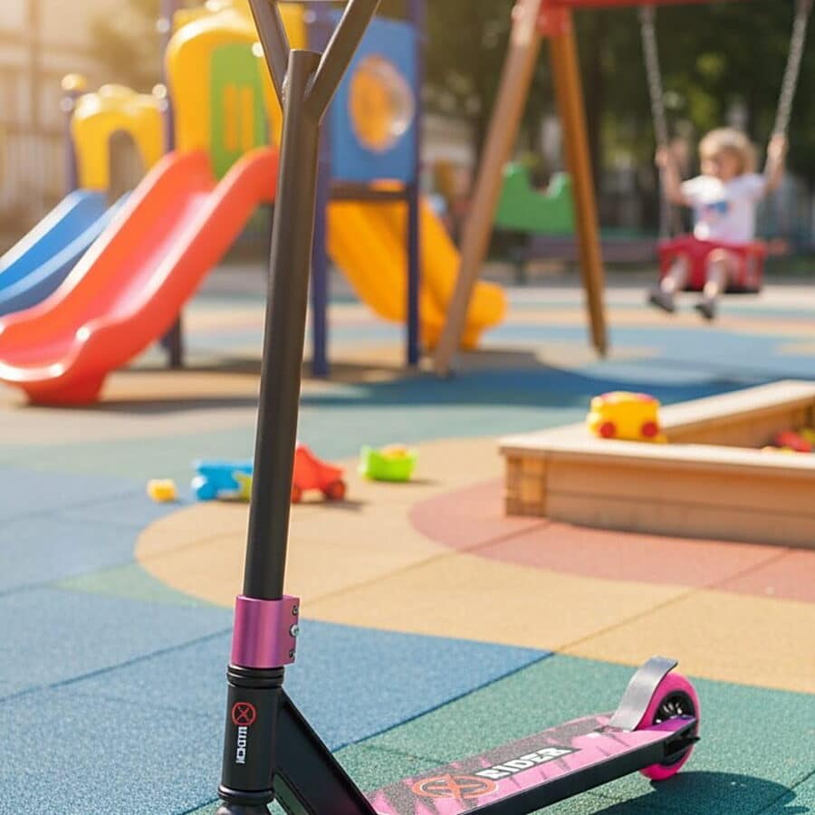 קורקינט ילדים מקצועי בצבע שחור-ורוד על משטח משחקים בפארק | yrz