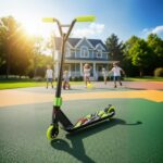 קורקינט לילדים בצבע ירוק ושחור על משטח משחק בחוץ, עם ילדים ברקע ליד בית | yrz