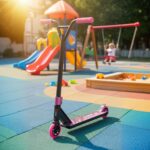 קורקינט ילדים ורוד ושחור עומד על משטח צבעוני בגן משחקים | yrz