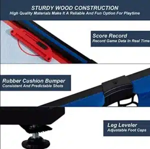 תקריב של שולחן משחק עם כיתובים על מבנה עץ, רישום ניקוד, בולם גומי ומאזני רגליים | yrz