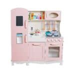 מטבח עץ לילדים בצבע ורוד עם מקרר, כיריים, תנור, כיור ואביזרי בישול | yrz