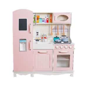 מטבח עץ לילדים בצבע ורוד עם מקרר, כיריים, תנור, כיור ואביזרי בישול | yrz