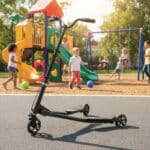 קורקינט שחור עם שלושה גלגלים עומד על שביל ליד מגרש משחקים | yrz