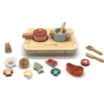ערכת כיריים מעץ עם סירים, כף וכלי מטבח וחלקי מזון למשחק | yrz