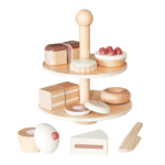 מגש עוגות מעץ דו-קומתי עם עוגיות ופרוסות עוגה למשחק דמיון | yrz