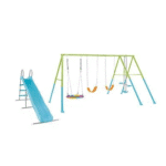 מתקן חצר לילדים עם מגלשה כחולה וסטנד נדנדות עם שלושה מושבים | yrz