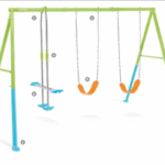 מתקן נדנדות לחצר עם שתי נדנדות ישיבה ונדנדת גלישה זוגית, מסגרת ירוק-כחול | yrz
