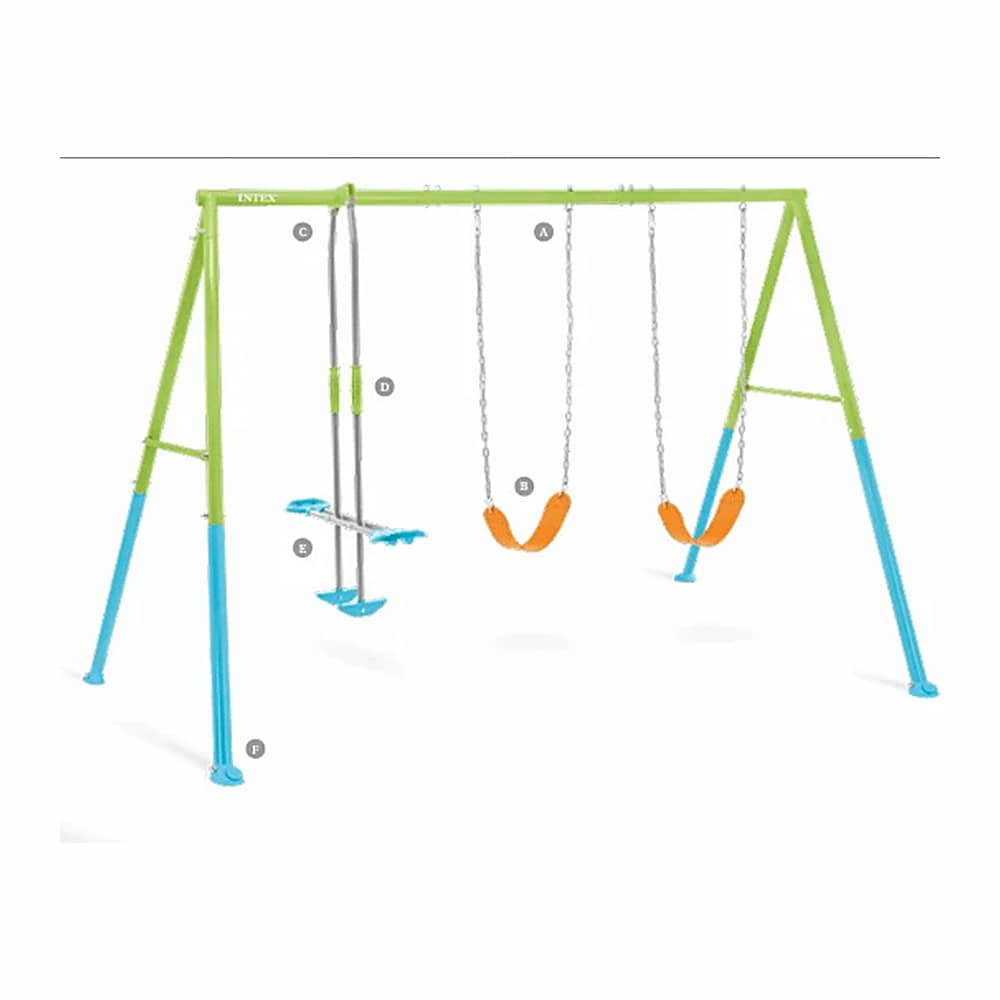 INTEX נדנדת 3 חלקים לחצר לילדים דגם 44121 | yrz מתקן נדנדות לחצר עם שתי נדנדות ישיבה ונדנדת גלישה זוגית, מסגרת ירוק-כחול | yrz