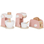 סט כלי מטבח מעץ בצבע ורוד: מערבל עם קערה, מיקסר ומצנם | yrz