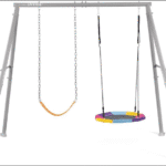 סט נדנדות לחצר עם מסגרת מתכת, נדנדת מושב גמיש ונדנדת צלחת עגולה צבעונית | yrz