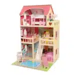 בית בובות מעץ לילדים עם שלוש קומות, גג ורוד וריהוט מיניאטורי | yrz