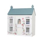 חזית בית בובות מעץ לבן עם גג כחול ודוגמת פרחים וחלונות | yrz