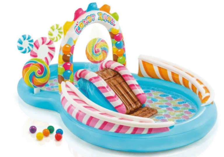 בריכת פעילות מתנפחת לילדים בעיצוב טירת סוכריות עם מגלשה קטנה וכדורים | yrz