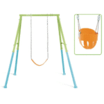 מסגרת נדנדה לחצר עם מושב גמיש כתום, כולל תקריב של מושב לתינוק להחלפה | yrz