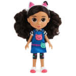 דמות גבי עם שיער מתולתל וסרט אוזניים ורוד, לבושה בשמלה כחולה עם חתול | yrz