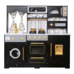 מטבח עץ לילדים בצבע שחור עם תנור, כיריים, כיור, מדפים ומכונת כביסה | yrz