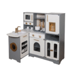 מטבח משחק פינתי לילדים בצבע אפור-לבן עם כיור, כיריים, תנור, מדיח ומדפים | yrz