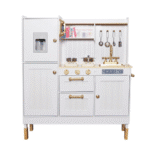 מטבח עץ לילדים בצבע לבן עם ברז, כיריים ופרטים מוזהבים | yrz