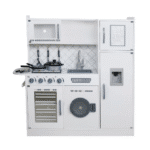 מטבח עץ לילדים בצבע לבן עם כיריים, כיור, תנור, מכונת כביסה ומקרר | yrz