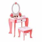 שידת איפור מעץ בצבע ורוד עם מראה אובלית, מגירה ושרפרף תואם | yrz