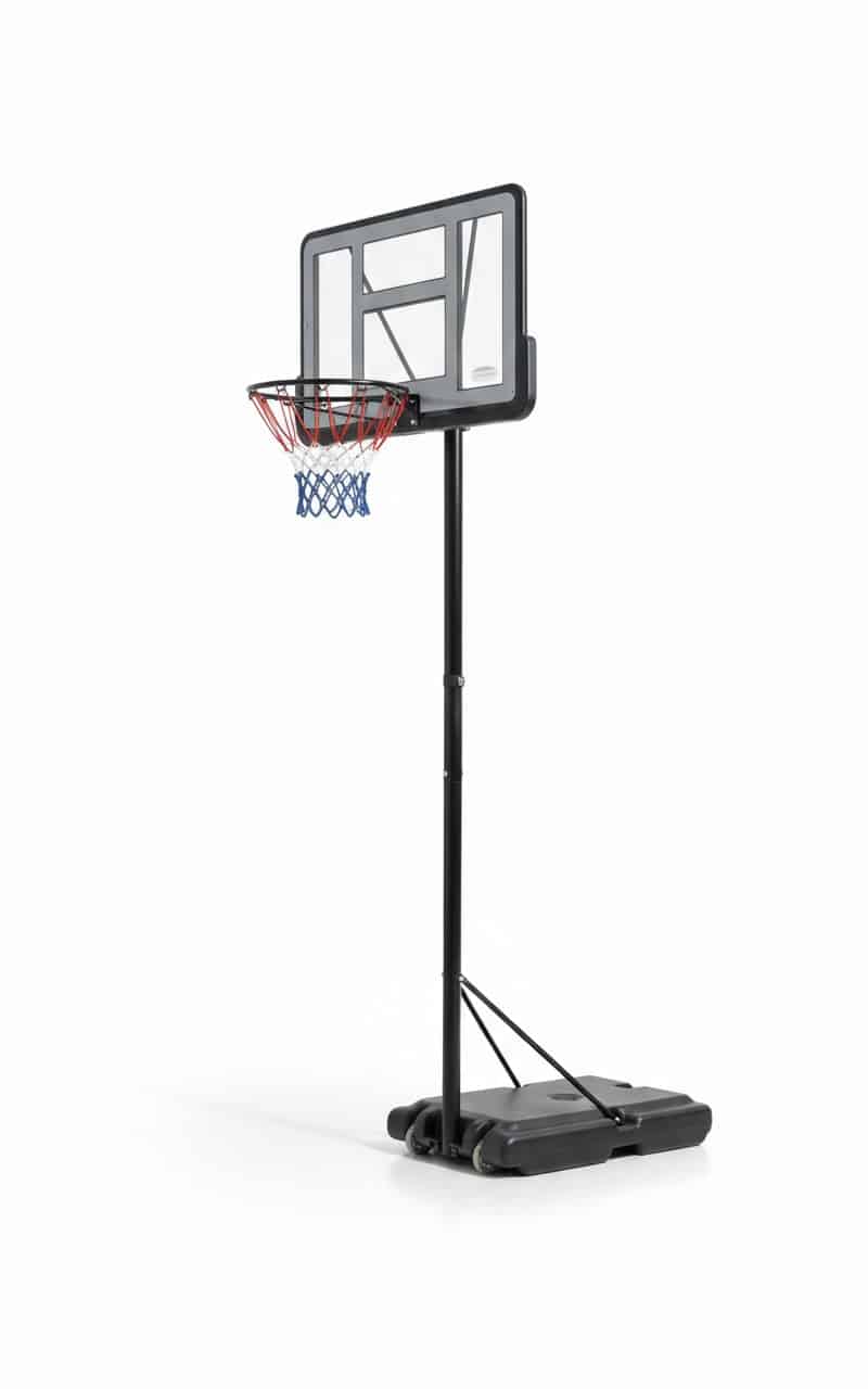 מתקן סל כדורסל מתכוונן עם לוח שקוף, טבעת ורשת על בסיס נייד | yrz