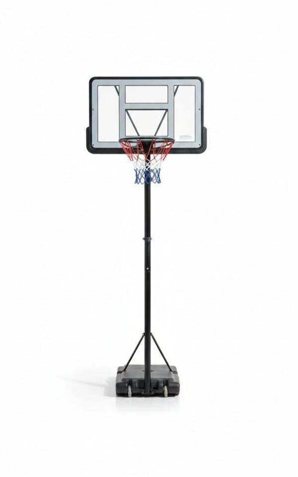 מתקן סל לכדורסל מתכוונן עם לוח שקוף, טבעת ורשת על בסיס עומד | yrz