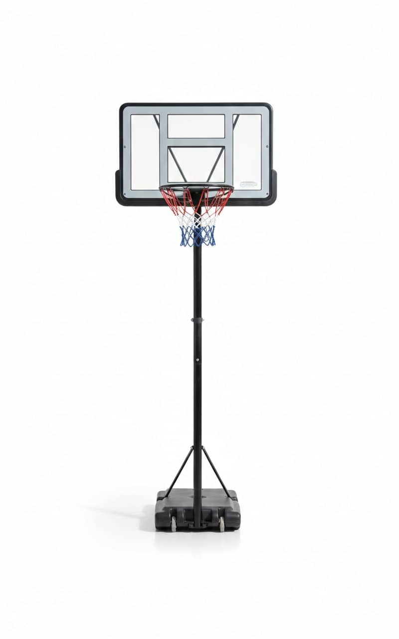 מתקן סל לכדורסל מתכוונן עם לוח שקוף, טבעת ורשת על בסיס עומד | yrz