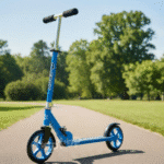 קורקינט מתקפל כחול עם גלגלים גדולים על שביל בפארק | yrz