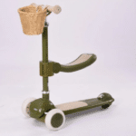 קורקינט ילדים בצבע ירוק בסגנון וינטג עם מושב, סלסלת קש וגלגלים לבנים | yrz