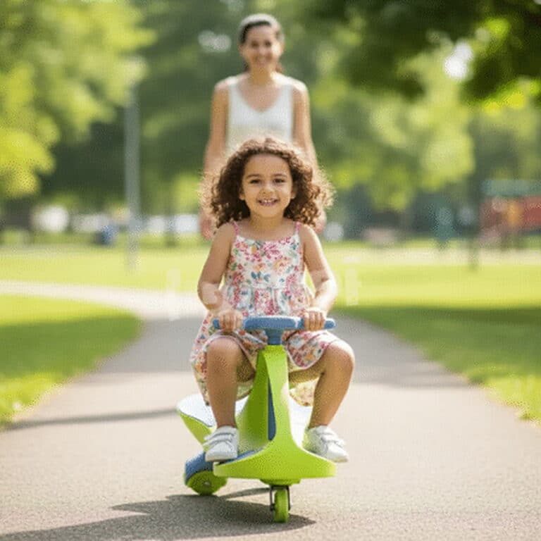 ילדה רוכבת על בימבה ירוקה-כחולה על שביל בפארק, עם מבוגר ברקע