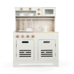 מטבח לילדים מעץ בצבע לבן עם כיריים, תנור וארון תחתון