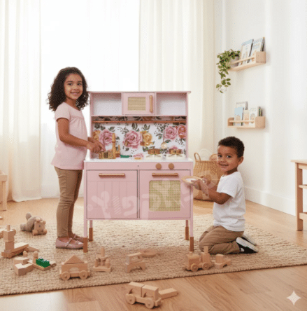 מטבח לילדים מעץ אלקטרוני אגם בצבע ורוד