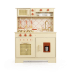 מטבח משחק מעץ לילדים בצבע שמנת עם כפתורים כתומים, כיור וברז, תנור ומיקרוגל, ודלת מקרר עם חלון | yrz