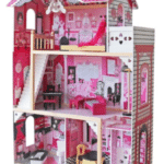 בית בובות מעץ תלת-קומתי בצבעי ורוד עם חדרים מרוהטים וגרם מדרגות | yrz