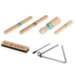 סט כלי נגינה מעץ לילדים: מקלות הקשה, מאראקה, מפוחית ומשולש מתכת | yrz