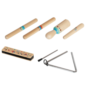 סט כלי נגינה מעץ לילדים: מקלות הקשה, מאראקה, מפוחית ומשולש מתכת | yrz