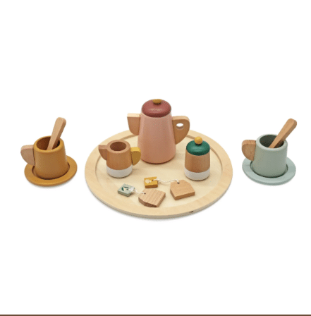 ערכת תה מעץ לילדים עם מגש עגול, קומקום, כוסות וכפיות | yrz