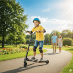 ילד עם קסדה רוכב על קורקינט שחור בשביל בפארק, עם זוג הולכים ברקע | yrz