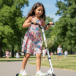 ילדה רוכבת על קורקינט עם גלגלים ירוקים בשביל בפארק | yrz