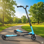 קורקינט ילדים תלת־גלגלי בצבע תכלת ושחור על שביל בפארק