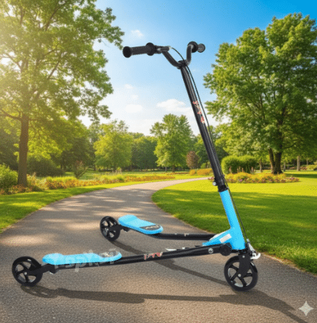 קורקינט ילדים תלת־גלגלי בצבע תכלת ושחור על שביל בפארק