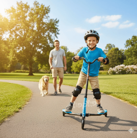 ילד עם קסדה רוכב על קורקינט תלת-גלגלי בשביל בפארק, מבוגר וכלב ברקע