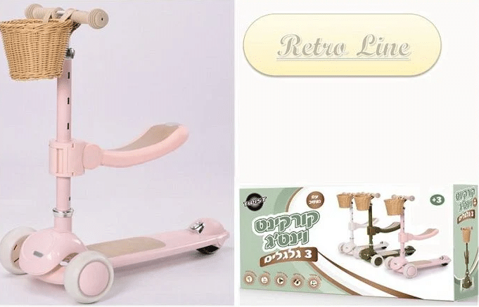 ⁦קורקינט וינטג עם מושב סלסלת קש בצבע ירוק 28827G מסדרת Retro line⁩ – תמונה ⁦2⁩