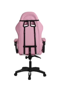 כיסא גיימינג ורוד במבט מאחור עם גב גבוה, משענות יד ובסיס גלגלים שחור | yrz