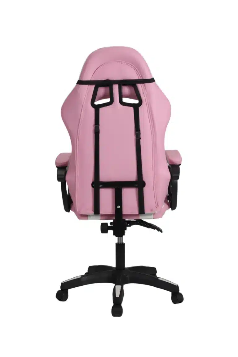 כיסא גיימינג ורוד במבט מאחור עם גב גבוה, משענות יד ובסיס גלגלים שחור | yrz