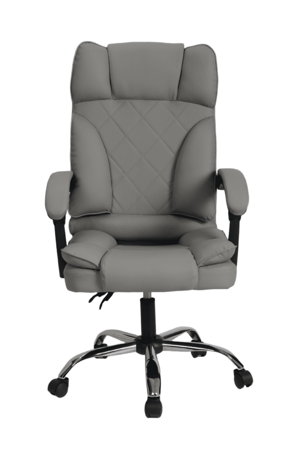 כיסא מנהלים יוקרתי בצבע אפור עם ריפוד מרופד ומשענות יד על בסיס גלגלים