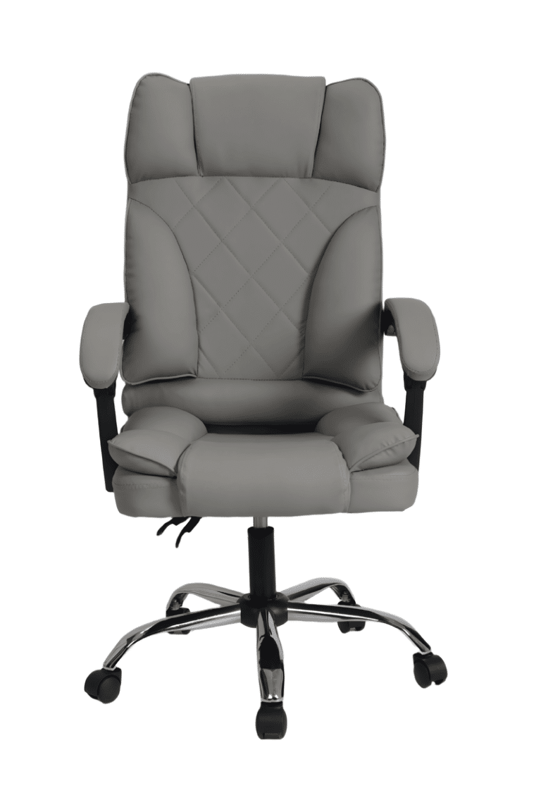 כיסא מנהלים יוקרתי בצבע אפור עם ריפוד מרופד ומשענות יד על בסיס גלגלים