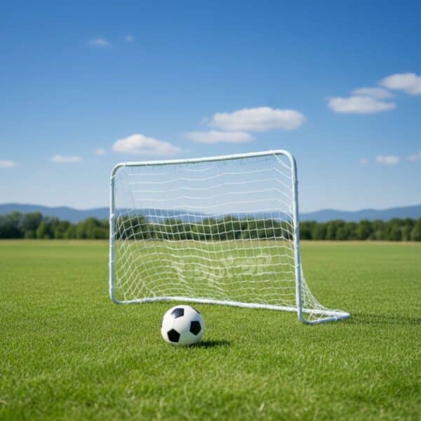 שער כדורגל ממתכת עם רשת על דשא, עם כדורגל בקדמת התמונה | yrz
