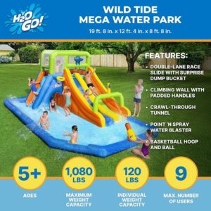 אינפוגרפיקה של מתנפח מים H2OGO Wild Tide עם שני מגלשות ובריכת התזה בחצר | yrz