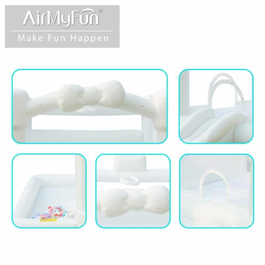 תמונת קולאז' של פרטי מתנפח טירה לבנה עם קשתות וקישוטי פפיון | yrz